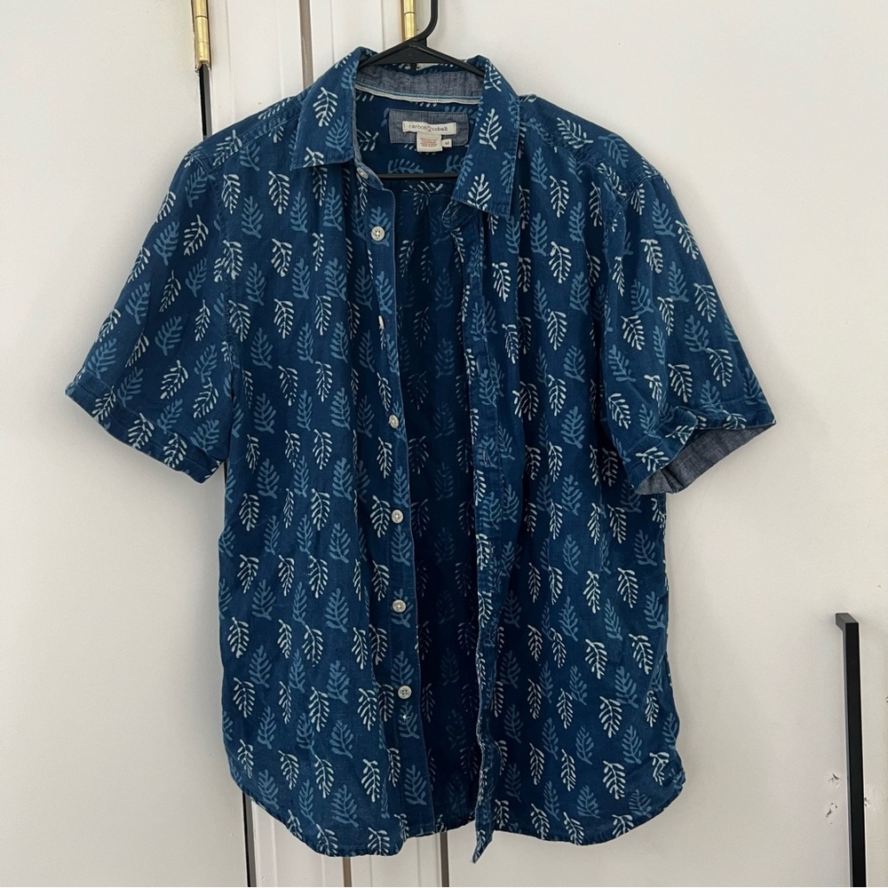 Men's Blue Short Sleeve Button Down Casual Linen Blend Shirt M